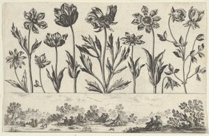 Horizontales Paneel mit einer Reihe von Blumen über einem Fries mit Figuren in einer Landschaft, 1645