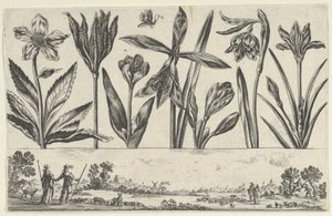 Horizontales Panel mit einer Reihe von Blumen über einem Fries mit Figuren in einer Landschaft