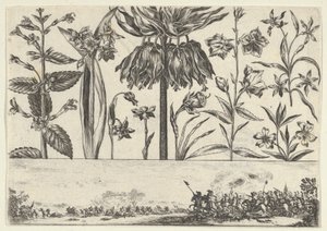 Horizontales Paneel mit einer Reihe von Blumen über einem Fries mit einer Kampfszene in einer Landschaft, 1645