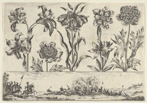 Horizontales Panel mit einer Reihe von Blumen über einem Fries mit einer Kampfszene in einer Landschaft, 1645
