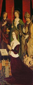 Triptychon von Moses und dem brennenden Dornbusch, rechte Tafel zeigt Jeanne de Laval (gest. 1498) mit St. Johannes, St. Katharina und St. Nikolaus, um 1476 von Nicolas Froment