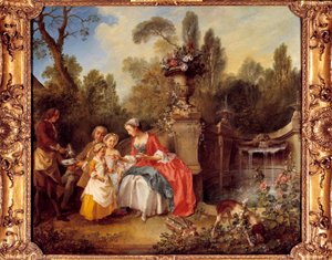 Eine Frau im Garten trinkt Kaffee mit Kindern oder eine Tasse Schokolade von Nicolas Lancret