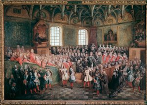 Bett der Gerechtigkeit gehalten von der Mehrheit von König Ludwig XV. in der Großen Kammer des Parlaments von Paris am 22. Februar von Nicolas Lancret