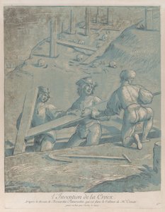 Die Erfindung des Kreuzes, drei Männer heben ein Kreuz aus einem Graben von Nicolas Le Sueur
