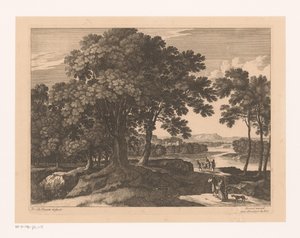 Landschaft mit Bäumen und Reisenden entlang eines Flusses