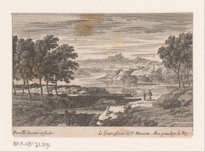 Landschaft mit Spaziergängern bei einer Steinbrücke