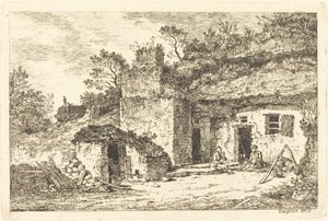 Ein Cottage mit zwei Männern, die am Eingang sitzen