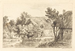 Ein Haus und ein schattiges Häuschen am Ufer eines Flusses