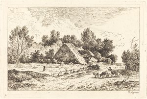Ein niedriges Häuschen mit einem Hirten, der seine Herde führt von Nicolas Perignon