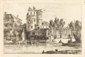 Stadt am Flussufer mit zwei runden Türmen