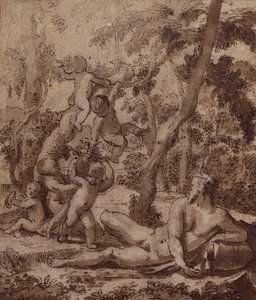 Eine bewaldete Landschaft mit einem Flussgott und Putti