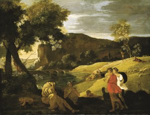Eine arkadische Landschaft mit Geschichten aus den Legenden von Pan und Bacchus
