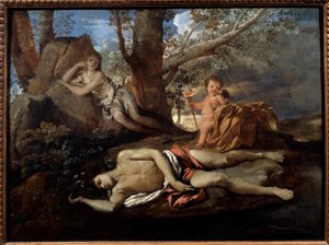 Echo und Narziss. Illustration zur Legende, die Ovid in „Die Metamorphosen“ inspirierte. Gemälde von Nicolas Poussin (1594-1665) 17. Jahrhundert von Nicolas Poussin