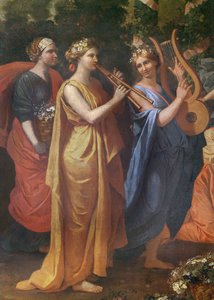 Hymenaios verkleidet als Frau während eines Opfers an Priapus, Detail der Musiker, c.1634-38 von Nicolas Poussin