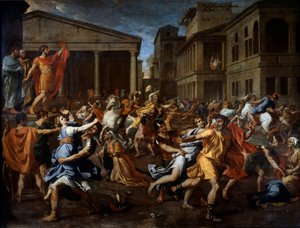 Die Entführung der Sabinerinnen durch die Römer. Romulus beobachtet die Szene links. Gemälde von Nicolas Poussin von Nicolas Poussin