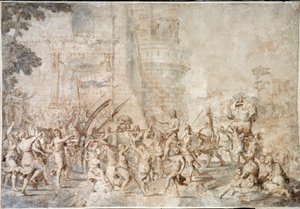 Der Triumph Davids, der den Kopf Goliaths zurückbringt, Zeichnung von Nicolas Poussin von Nicolas Poussin