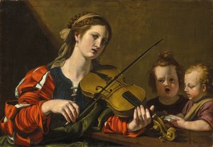 Eine Frau spielt Geige mit zwei singenden Kindern von Nicolas Tournier