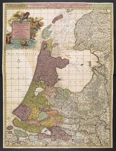 Karte von Holland, zeigt Siedlungen, Sümpfe, Wälder, Hügel, Straßen, Flüsse und andere geografische Merkmale. Zeigt den Titel in einer dekorativen Kartusche oben links mit Ruhm, Neptun und Thetis, begleitet von Putti, die die Wappen der Vereinigten Provinz von Nicolas Visscher
