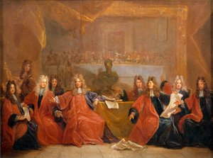 Der Schultheiß der Kaufleute und die Ratsherren der Stadt Paris beraten über das Angebot eines Festes für Ludwig XIV.