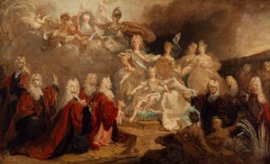 Skizze des allegorischen Gemäldes, das von der Stadt Paris für die Verlobung von Ludwig XV. und der Infantin Marie Anne Victoire von Spanien in Auftrag gegeben wurde