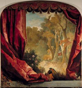 Dekorative Komposition mit Vorhängen, Landschaft und Tieren von Nicolas de Largillière