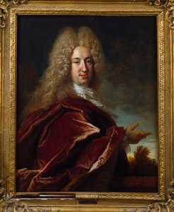 Porträt eines Gentlemans mit langer Perücke, Spitzenjabot und burgunderrotem Umhang von Nicolas de Largillière