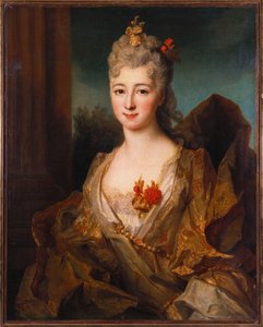 Porträt einer Dame, halbe Länge, in einem weiß-gold bestickten Kleid, mit Blumen im Haar von Nicolas de Largillière