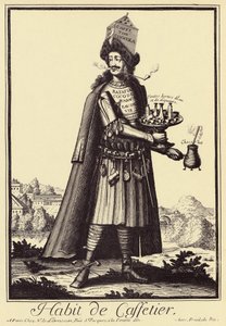 Caffettier: "Habit de Caffettier" (Kaffeekocher oder Kaffeeverkäufer, Schokolade, Tee, Liköre) Satirische Zeichnung aus 