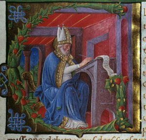 Der heilige Augustinus schreibt Miniatur von Nicolo Polani aus „De civitate dei“ (Die Stadt Gottes) von Augustinus von Hippo (354-430). 1459. Paris, Bibliotheque sainte Genevieve von Nicolo Polani