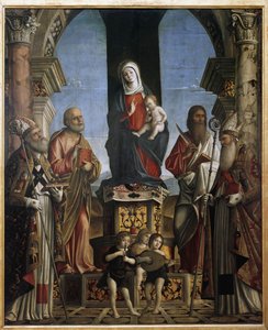 Die Jungfrau und das Kind auf dem Thron mit St. Nikolaus, St. Peter, St. Bartholomäus und St. Augustinus von Nicolo Rondinelli