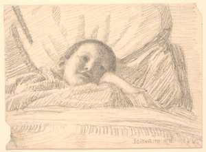 Kind (kleines Mädchen?) liegt im Bett von Niels Jakob Jakobsen Bjerre
