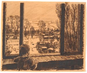 Ein Junge am Fenster mit Blick auf Garten und Feld von Niels Skovgaard