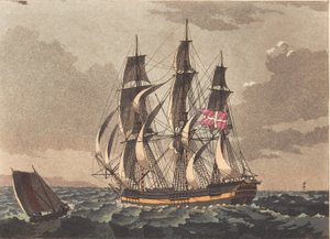 Ein Lotsenboot und ein dänisches Fregattenschiff bei einer Schleierung von Niels Truslew