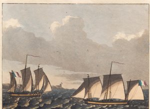 Französische Flachboote oder Luggers an der französischen Küste