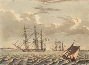Französische Kriegsschiffe vor Anker und ein kreuzendes Boot