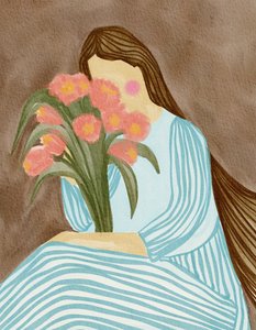 Schüchterne Frau mit rosa Tulpen von Nikita Jariwala