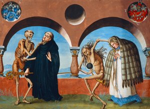 Tod, der Abt und der Kanoniker (der Assistent des Abtes) aus dem Totentanz-Zyklus von Albrecht Kauw von Niklaus Manuel