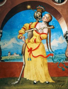 Der Tod mit der jungen Frau, Detail des Todes, Witwe und junge Frau aus dem Totentanzzyklus von Albrecht Kauw von Niklaus Manuel