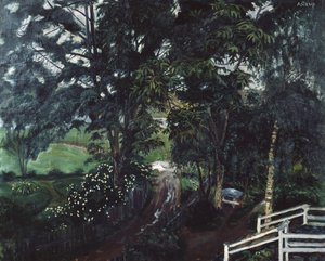 Regnerische Atmosphäre unter den Bäumen am Jolster Pfarrhaus von Nikolai Astrup
