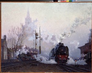 Auf dem Weg. Die Dampflokomotiven hüllen die Stadtlandschaft in Rauch. von Nikolai Dmitrievich Kuznetsov