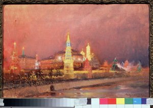 Beleuchtung des Moskauer Kremls. Stadtlandschaft mit russischen Flaggen und Menschenmengen entlang der Ufer der Moskwa. Gemälde von Nikolai Nikolayevich Gritsenko (1856-1900), Öl auf Leinwand, 1896. Russische Kunst