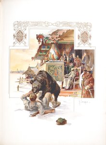 Bärenhetze. Illustration für Die großherzogliche, zaristische und kaiserliche Jagd in Russland von N. Kutepov