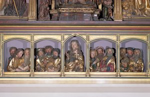 Holzschnitzereien von Christus und den zwölf Aposteln, von der Predella des Retabels des Isenheimer Altars, um 1490