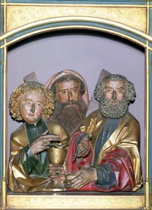 Holzschnitzereien der Heiligen Johannes, Andreas und Petrus, aus der Predella des Isenheimer Altars, ca. 1490