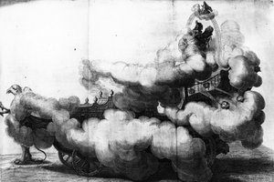 Eine Kutsche, gezogen von Greifen und gefahren von Carlo di Lorenzo, gezeichnet von Carlo Pasetti, Druck von Gerhart Bouttats von Nikolaus van Hoy