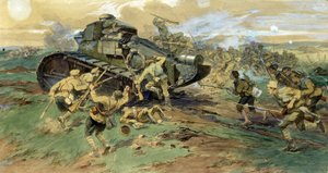 Die Eroberung eines Panzers auf der Krim. Schlachtszene während des russischen Bürgerkriegs (1917-1923), zwischen der Weißen Armee und den Roten Garden. Werk von Nikolai Semyonovich Samokish (1860-1944), Aquarell auf Papier von Nikolay Semenovich Samokish