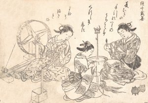 Drei Kurtisanen beim Seidenweben von Nishikawa Sukenobu