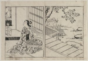 Frau betrachtet eine hängende Schriftrolle, ca. 1740er von Nishikawa Sukenobu