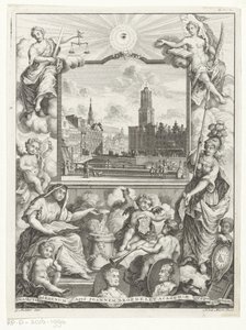 Stadtansicht mit Domkirche in Utrecht und Allegorie mit Utrechter Stadtjungfrau