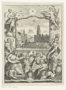 Stadtansicht mit Domkirche in Utrecht und Allegorie mit Utrechter Stadtjungfrau von Noach van der Meer (I)
